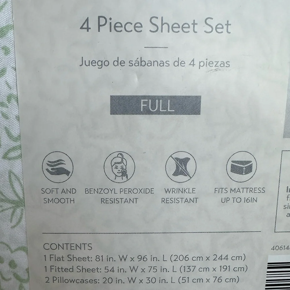 NWT Kirton House Full Size 4Piece Sheet Set Green White Floral Wrinkle-Resistant
